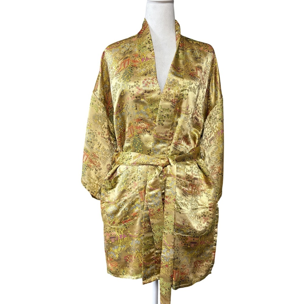 Silk Fashion Kimono Robe Womens Small Gold Silk Satin Belted Pockets Floral